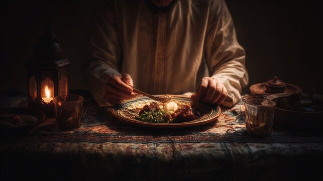 A person enjoying a meal by candlelight, with hands delicately using utensils on a patterned plate, creating a scene of quiet contemplation and rustic charm.