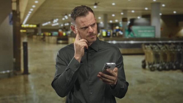 Man touching ear and holding smartphone, frowning and reading message at airport; delays uncertainty confusion.