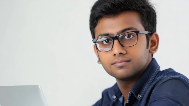 A young Indian male focused on his work using a laptop.