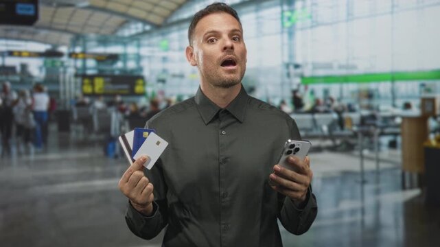 Man holding smartphone and creditcard in bare hands, showing multiple cards at an airport terminal checkin area; confidence convenience.