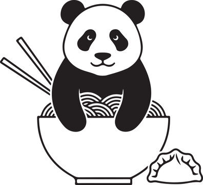 Cute panda enjoying a bowl of noodles with chopsticks and a dumpling Vector, illustration