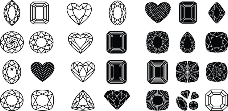 Collection of various gemstone cuts and shapes, including round, oval, heart, pear, emerald, and princess cuts in a line drawing illustration