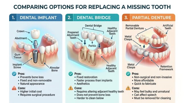 Options for Replacing a Missing Tooth Through Dental Implant, Dental Bridge, and Partial Denture Comparison With Pros and Cons