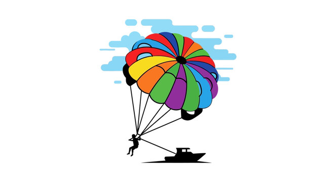 Person parasailing on colorful parachute.