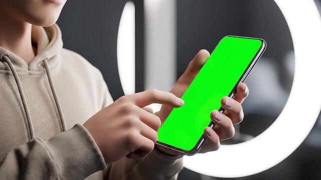Close-up of a blank green screen smartphone mockup held by a person in a studio setting with a ring light.