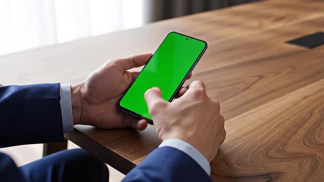 High angle of hands holding a blank green screen smartphone mockup with copy space on a business table.