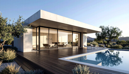Fototapeta premium Ultra minimalist pavilion house by the pool