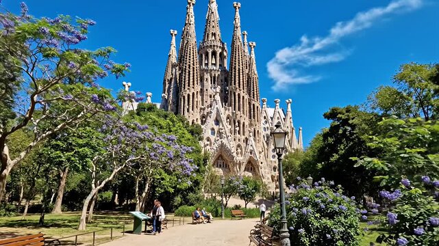 Sagrada Familia cathedral viewed through park trees in Barcelona