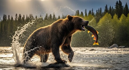 Fototapeta premium A powerful bear catching fish mid-action in a river, with dramatic water splashes and natural lighting