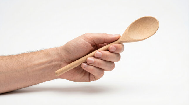 Hand holding simple wooden cooking spoon against plain white surface.