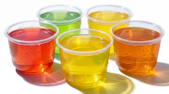 Refreshing assorted colorful fruit jellies in cups with water drops and bright sunlight