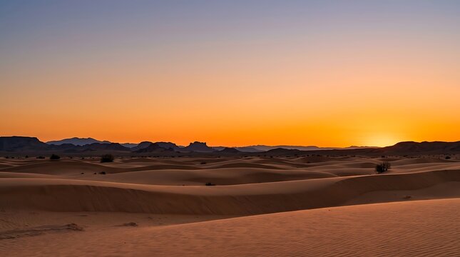 Golden sunset over calm desert dunes with distant mountains
