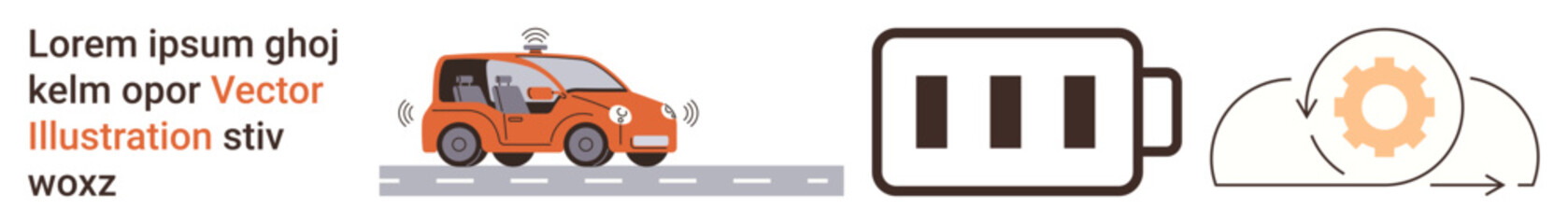 Naklejka premium Autonomous vehicles, renewable energy, cloud automation, technology trends, sustainable mobility, futuristic concepts. Self-driving car with radar, battery charge level gear in the cloud. Autonomous
