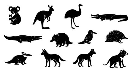 Obraz premium Australian Animal Silhouette Vector Set Minimal Black Wildlife Icons Collection