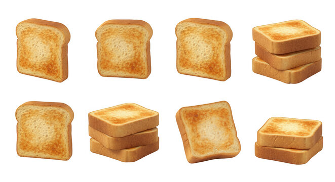 various angles of golden brown toast slices on white background breakfast foods and culinary presentations