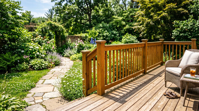 Cozy wooden deck with wicker chair overlooking a lush garden path