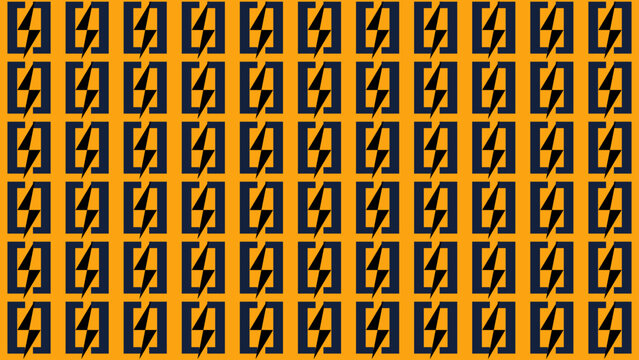 A seamless geometric pattern featuring repeating black lightning bolt symbols inside rectangular frames on a vibrant orange background, creating a bold modern abstract design.