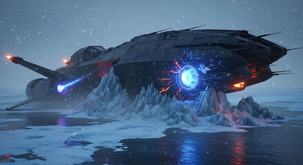 Naklejka premium futuristic scifi spaceship landed on a frozen arctic planet emitting powerful blue energy and light during a snowy winter