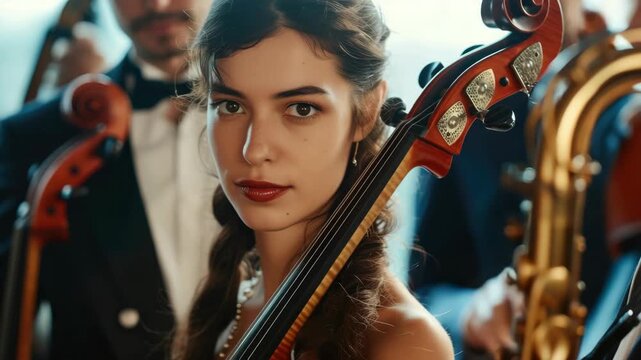 A young female musician wearing a formal black dress and holding a cello. She is surrounded by other string players in a symphony orchestra setting.