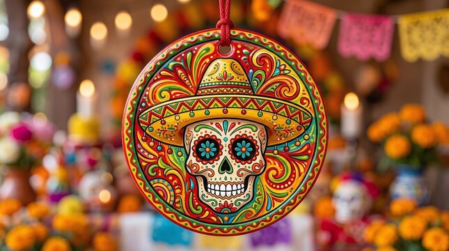 colorful sugar skull ornament hanging on red string in mexican celebration