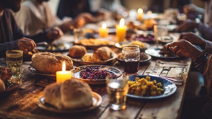 Fototapeta premium Warmly lit Thanksgiving dinner scene with a rustic wooden table adorned with candles, bread, cranberry sauce, and beverages, evoking a sense of togetherness and gratitude.