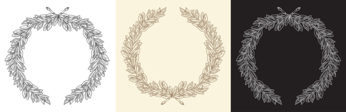 Set of hand drawn wreath of laurel leaves vector illustration
