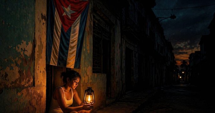 Woman illuminated by an old streetlamp on a street in Cuba during a nighttime blackout, dramatic urban scene with flag and aging architecture, concept of energy crisis and everyday life.
