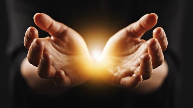 Hands cupping a radiant golden glow, symbolizing spiritual energy, hope, and the profound power of giving or receiving divine light