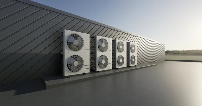 3D rendering cinematic dolly zoom out of modern air conditioning units installed on concrete rooftop deck of industrial building. HVAC equipment actively operating, highlighting cooling technology.