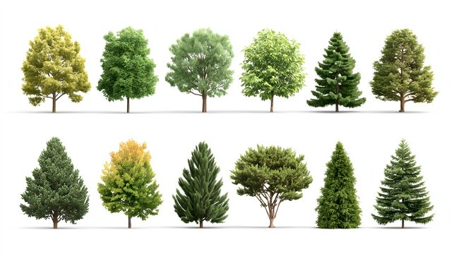 A variety of trees of different shapes and sizes. Each tree is unique, showcasing various foliage textures and forms