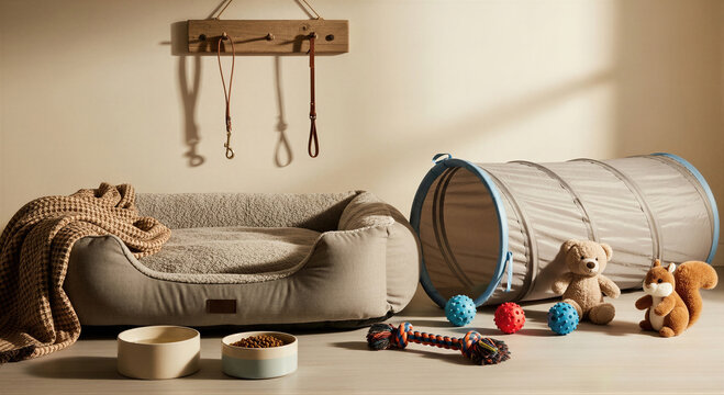 Dog bed with soft blanket, agility tunnel and play toys in cozy room. Collection of pet accessories and supplies for puppy care. Comfortable items for domestic animal rest and leisure.