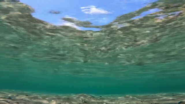 Split-level view: underwater sandy seabed, clear turquoise water, and blue sky