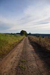 Fototapeta premium Dirt road through rural landscape with leading lines and countryside scenery in southern Brazil
