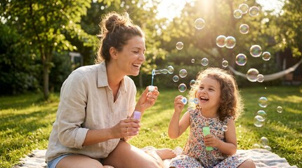 Obraz premium A joyful moment of a mother and daughter blowing bubbles in a sunny park