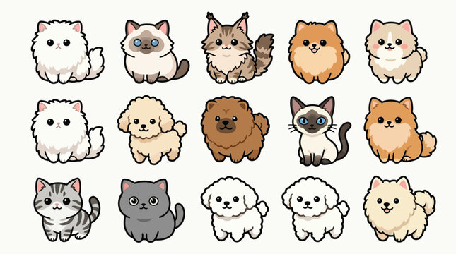 A charming collection of adorable, fluffy cartoon cats and dogs in various breeds and colors, presented in a delightful, whimsical art style.