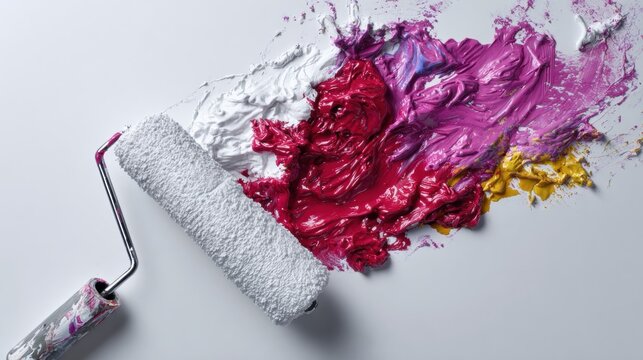 Paint roller spreading colorful thick paint mix on surface. Abstract texture with vibrant tones. Creative process, art concept, color blending and modern design background