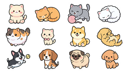 A charming collection of adorable cartoon illustrations featuring various breeds of cats and dogs in playful and resting poses. © geira