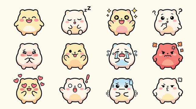 A collection of 12 adorable cartoon hamsters displaying a wide range of cute emotions and expressions, perfect for stickers or digital art.