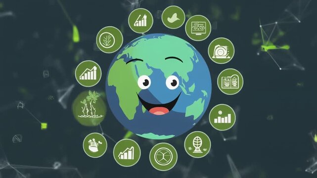 Smiling cartoon Earth surrounded by various business and finance icons in a modern digital environment, conveying global connection and data exchange in a playful and friendly manner.