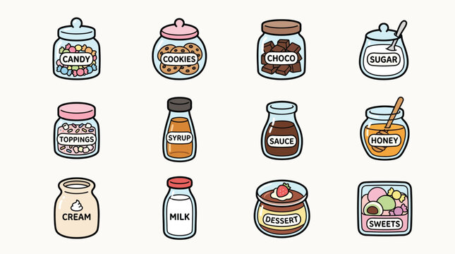 A collection of cute cartoon jars and containers filled with various sweet treats and ingredients, perfect for culinary or baking themes.