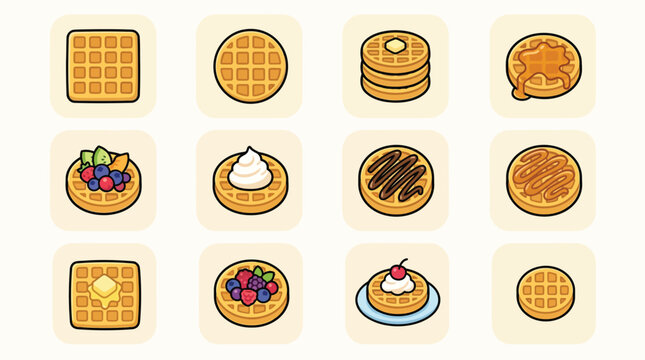 A delightful collection of twelve distinct waffle illustrations, showcasing various toppings and preparations, from classic square and round waffles to those adorned with fruits, cream, and syrup.