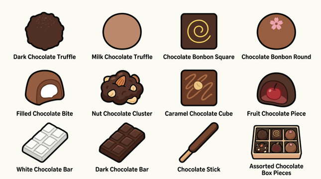 A collection of 12 different types of chocolates, including truffles, bonbons, bars, and assorted boxes, presented in a grid layout.