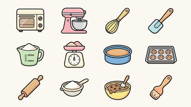 A collection of baking tools and ingredients, including an oven, stand mixer, whisk, spatula, measuring cup, kitchen scale, cake pan, baking sheet, rolling pin, sifter, mixing bowl, and pastry brush.