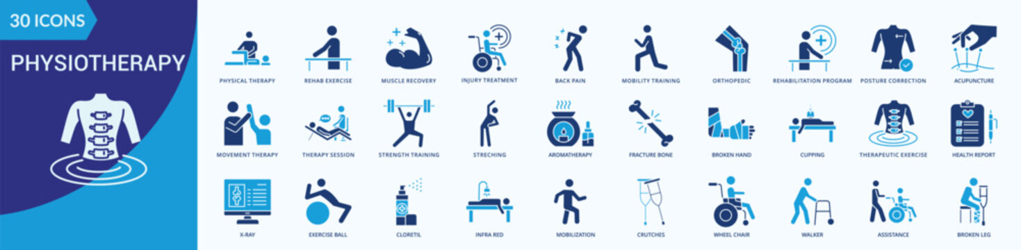 Physiotherapy Icon Collection set Flat Blue with physical therapy, rehab exercise, muscle recovery, injury treatment, back pain