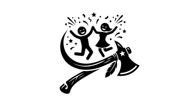 Joyful Figures Celebrating Above an Axe