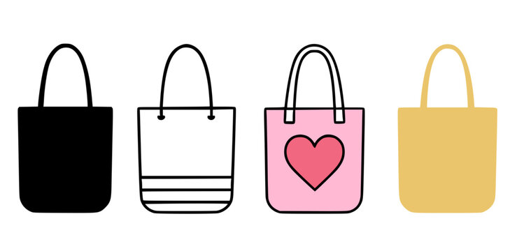 Tote bag illustration icon set, with outline and silhouette design, isolated on transparent background