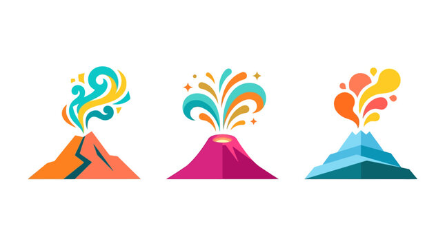 Colorful Volcano Eruptions Set on White Background