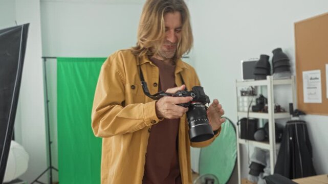 Man adjusts a mirrorless camera and smiles in studio with green screen backdrop and softbox while reviewing settings; creative joy.