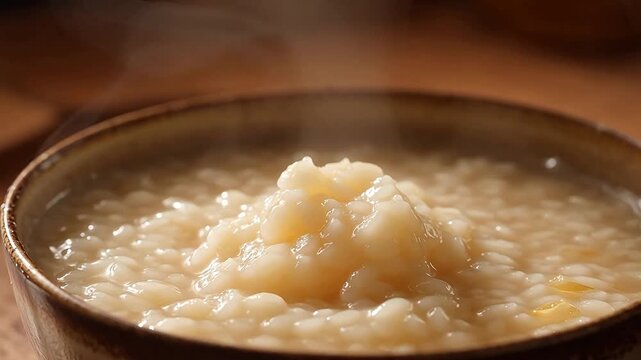 Steaming bowl of rice porridge