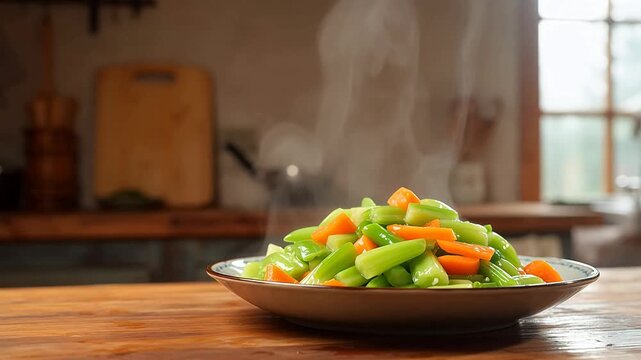 Steaming stirfried vegetables on plate